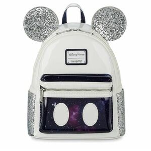 Loungefly Space Mountain Glittery Silver and White Galaxy Backpack NWT